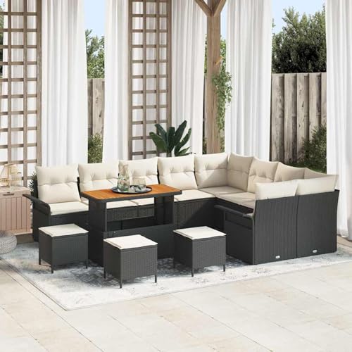 Gecheer 13-teilige Garten-Sofa-Set mit Kissen Schwarz Polyrattan Akazie, 2-Sitzer Garten-Sofa mit Stauraum & Kissen, Esstisch Lounge Möbel Set für Outdoor Garten Terrasse Balkon Möbel3364130 von Gecheer