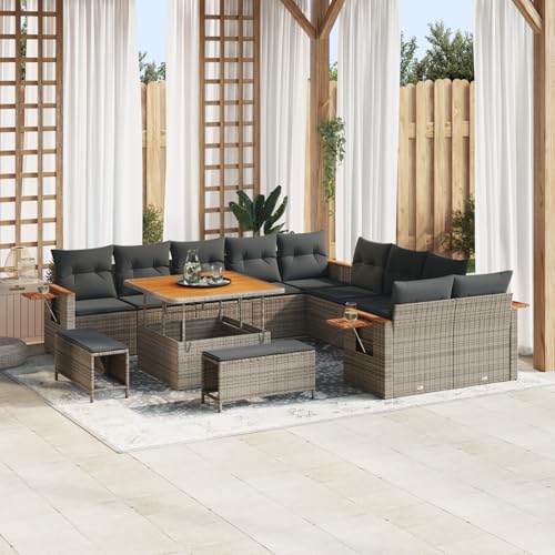 Gecheer 13-teiliges Garten Sofa Set mit Kissen Grau Poly Rattan Akazie von Gecheer
