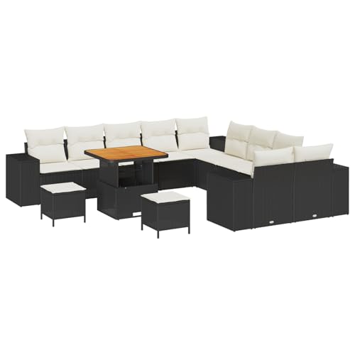 Gecheer 13-teiliges Garten Sofa Set mit Kissen Schwarz Poly Rattan Akazie von Gecheer