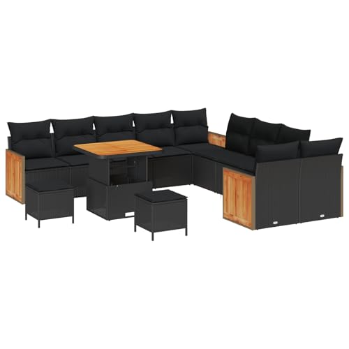 Gecheer 13-teiliges Garten Sofa Set mit Kissen Schwarz Poly Rattan Akazie von Gecheer