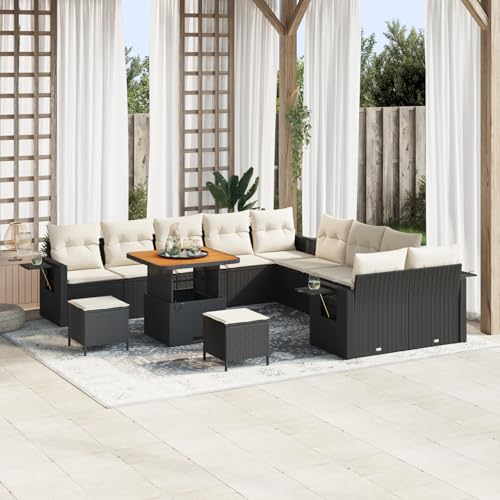 Gecheer 13-teiliges Garten-Sofa-Set mit Kissen Schwarz Poly-Rattan Akazie von Gecheer