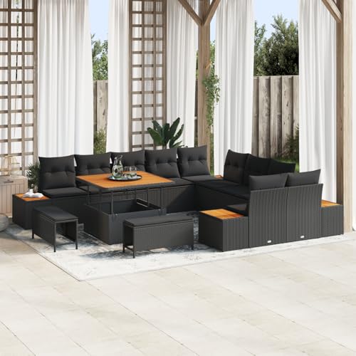 Gecheer 13-teiliges Garten Sofa Set mit Kissen Schwarz Poly Rattan Akazie von Gecheer