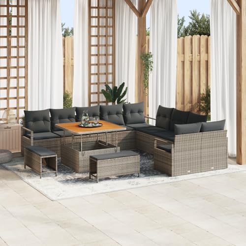 Gecheer 13-teiliges Gartensofa-Set mit Kissen Grau Poly-Rattan Akazie von Gecheer