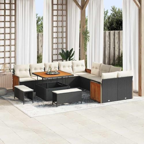 Gecheer 13-teiliges Gartensofa Set mit Kissen Schwarz Poly Rattan Akazie, Garten Sitzgruppe Esstisch Essgruppe Gartenmöbel Set für Balkon Terrasse Café-Bereich von Gecheer