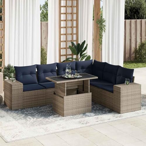 Gecheer 14-TLG. Garten-Sofagarnitur mit Kissen Grau Poly Rattan Akazie, Garten Sitzgruppe Esstisch Essgruppe Gartenmöbel Set für Balkon Terrasse Café-Bereich von Gecheer