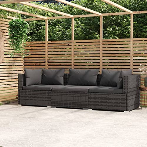 Gecheer 3-Sitzer Gartensofa mit Auflagen Loungesofa Rattansofa Gartenmöbel Mittelsofa Ecksofa Poly Rattan Grau von Gecheer