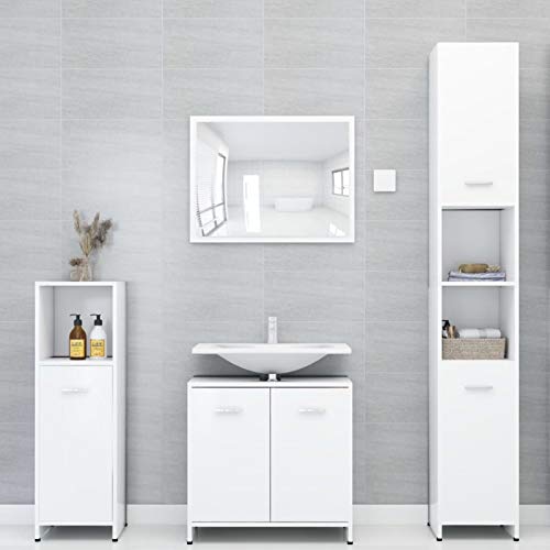 Gecheer 3-TLG. Badmöbel Set, Badezimmer Möbel Komplett, Badezimmermöbel Waschtisch Badmöbelset, Spiegel Mittlerer Schrank Waschbeckenunterschrank, Weiß Spanplatte von Gecheer