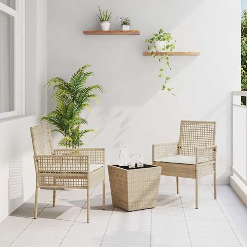 Gecheer 3-TLG. Garten-Bistroset mit Kissen Beige Poly Rattan, Bistrosets Gartenmöbel Set Stuhl Tisch für Terrassen Balkone Café-Ecke3334959 von Gecheer