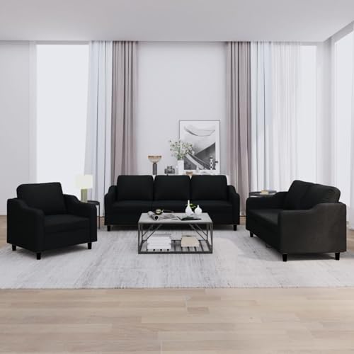 Gecheer 3-TLG. Sofagarnitur mit Kissen Schwarz Stoff, Polstersofa Sitzgruppen Sofa für Wohnzimmer Apartment Büro Gästezimmer Eingangsbereich3201774 von Gecheer