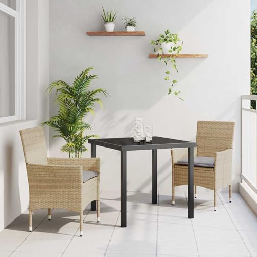 Gecheer 3-Teiliges Garten Essset mit Kissen Beige Poly-Rattan, Gartentisch Schwarz 80x80x73 cm, Gartenmöbel Set Tisch Stühlen for Balkonmöbel Outdoor-Essbereich und Café3379793 von Gecheer
