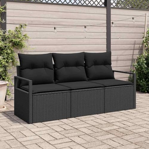 Gecheer 3-teilige Garten-Sofa-Set mit Kissen Schwarz, 2-Sitzer Garten Sofa mit Kissen Schwarz Poly Rattan, Garten Sitzgruppe Esstisch Essgruppe Gartenmöbel Set für Balkon Terrasse Café-Bereich3346243 von Gecheer