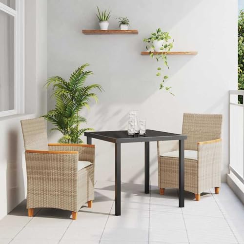 Gecheer 3-teiliges Garten Esstisch Set mit Kissen Beige Poly Rattan, Gartenmöbel Set Tisch Stühlen for Balkonmöbel Outdoor-Essbereich und Café3381100 von Gecheer