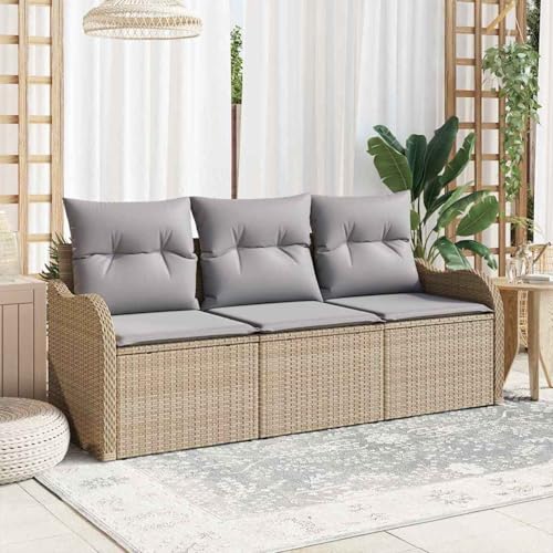 Gecheer 3-teiliges Garten Sofa Set mit Kissen Beige, 2-Sitzer Garten Sofa mit Stauraum & Kissen Beige Poly Rattan, Gartenlounge Esstisch Lounge Möbel Set für Garten Terrasse Balkon Möbel3354229 von Gecheer