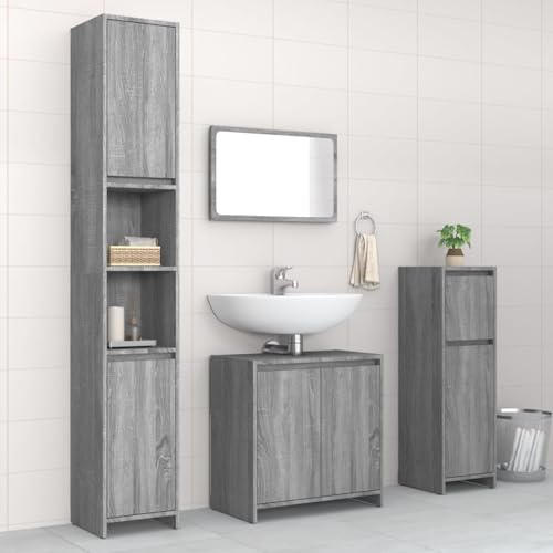 Gecheer 4-TLG. Badmöbel-Set Grau Sonoma Holzwerkstoff Badezimmerschrank Hängender Badschrank Aufbewahrungsschrank fürs Badezimmer Gecheer 4-TLG. Badmöbel-Set Grau Sonoma Holzwerkstoff Badezimmerschrank Hängender Badschrank Aufbewahrungsschrank fürs Badezimmer von Gecheer