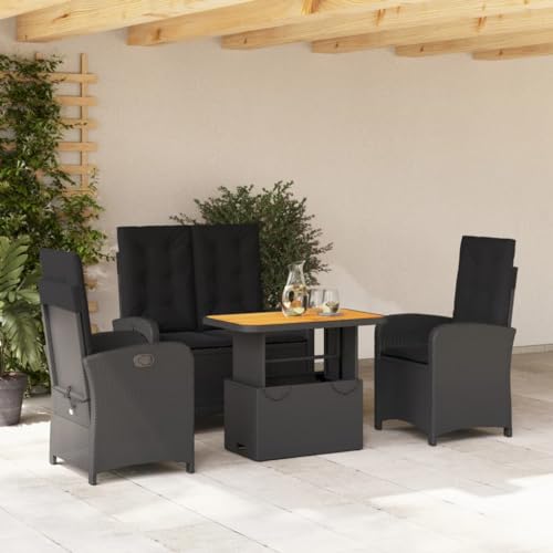 Gecheer 4-TLG. Garten Essgruppe, Terrassenmöbel Set 4 Personen, Tisch & Gartenstuhl mit Hochlehner Verstellbar, Gartenmöbel Set, Sitzgruppe Poly Rattan Schwarz von Gecheer