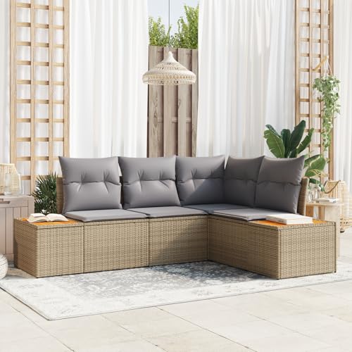 Gecheer 4-TLG. Garten-Sofagarnitur mit Kissen Beige Poly Rattan Akazie Gartenlounge Outdoor Gartensofa Sofa Im Freien von Gecheer