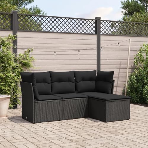 Gecheer 4-TLG. Gartenlounge Rattan Lounge Gartenmöbel Set Loungemöbel Terrasse Sitzgruppe Garten Terrassenmöbel Gartensofa Garten-Sofagarnitur mit Kissen Schwarz Poly Rattan von Gecheer