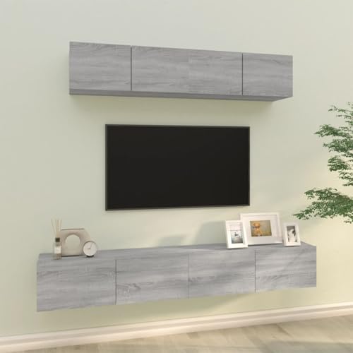 Gecheer 4-TLG. TV-Schrank-Set Grau Sonoma Holzwerkstoff, Moderne Wohnzimmer Schrankwand für Wohnzimmer Büro Loft-Wohnungen3114532 von Gecheer