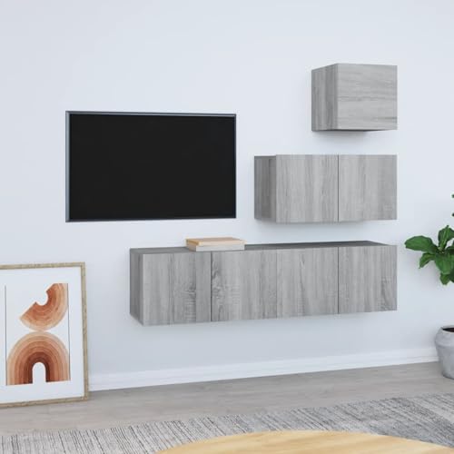 Gecheer 4-TLG. TV-Schrank-Set Grau Sonoma Holzwerkstoff, Moderne Wohnzimmer Schrankwand für Wohnzimmer Büro Loft-Wohnungen3120318 von Gecheer