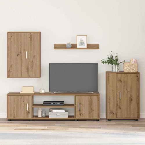 Gecheer 4-teilige TV-Schrank Set 4 pcs Eiche handwerklich Holzwerkstoff, Moderne Wohnzimmer Schrankwand für Wohnzimmer Büro Loft-Wohnungen3397903 von Gecheer