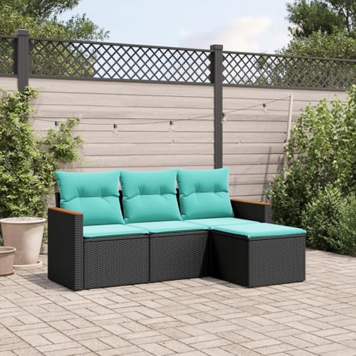 Gecheer 4-teiliges Gartensofa-Set mit Kissen, schwarzes Polyrattan, Gartenlounge Esstisch Lounge Möbel Set für Outdoor Garten Terrasse Balkon Möbel3225903 von Gecheer