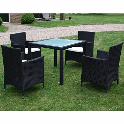 Gecheer 5-TLG. Garten Essgruppe, Terrassenmöbel Set 4 Personen, Sitzgruppe Esstisch mit Glas-Tischplatte & 4 Rattan-Stühle mit Sitzkissen, Gartenmöbel Set Schwarz von Gecheer