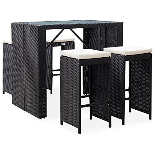 Gecheer 5-TLG. Gartenbar Set Theke Bar Tresen Gartentheke Bartisch Stehtisch Barhocker Barstuhl Gartenmöbel Poly Rattan Glas Schwarz von Gecheer