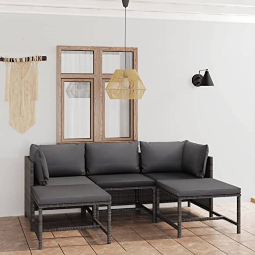 Gecheer 5-TLG. Gartenlounge Rattan Wetterfest, Gartenlounge Set, Gartenmöbel Set, Gartensofa mit Kissen Sitzgruppe Ecksofa Mittelsofa Fußhocker Poly Rattan Grau von Gecheer