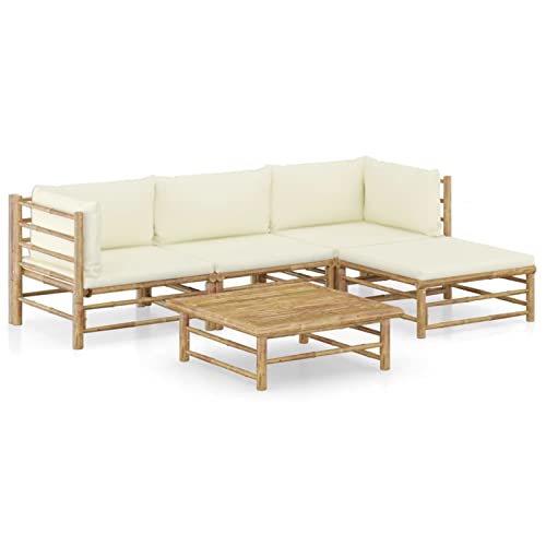 Gecheer 5-TLG. Gartenmöbel Set Bambus Gartengarnitur Outdoor Lounge Sofa Gartenlounge Set Gartensofa Set Sitzgruppe Terrassenmöbel Balkonmöbel Loungemöbel Gartenset mit Cremeweißen Kissen Bambus von Gecheer