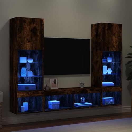Gecheer 5-TLG. Wohnwand mit LED-Beleuchtung Räuchereiche Holzwerkstoff Fernsehschrank Fernsehtisch Wohnwand für Wohnzimmer Home-Cinema Gamerzimmer von Gecheer
