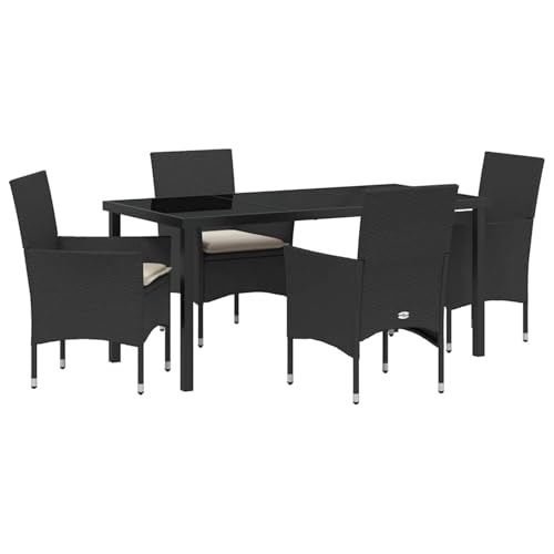 Gecheer 5-teiliges Garten-Essgruppe mit Kissen Schwarz Poly Rattan, Gartentisch Schwarz 160x80x73 cm Temperede Glass, Outdoor Essgruppe Sitzgruppe Esstisch Stühlen for Terrasse Garten Balkon3379768 von Gecheer