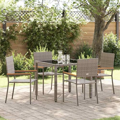 Gecheer 5-teiliges Garten Essset Grau Poly Rattan, Stapelbare Gartenstühle mit Kissen 2 Stück Grau Poly Rattan, Outdoor Essgruppe Sitzgruppe Esstisch Stühlen for Terrasse Garten Balkon3365388 von Gecheer
