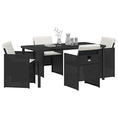 Gecheer 5-teiliges Garten Essset mit Kissen Schwarz, Gartentisch Schwarz 160x80x73 cm aus gehärtetem Glas Essgruppe Sitzgruppe Outdoor Gartenmöbel Set für Terrasse Balkon Restaurant von Gecheer