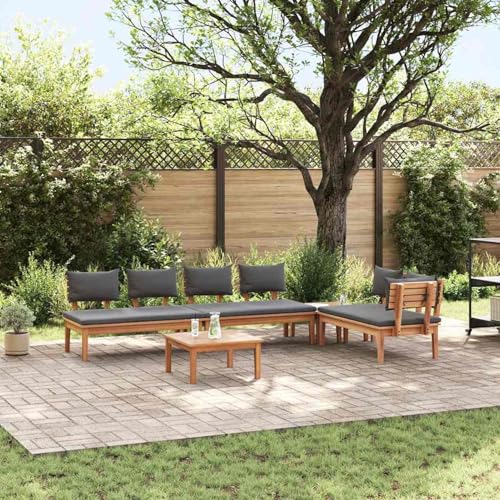 Gecheer 5-teiliges Garten Esstisch Set mit Kissen aus massivem Teakholz, 2-teiliges Gartenbank Set aus massivem Teakholz, Outdoor Lounge Sitzgruppe zum Entspannen für Terrasse und Garten3356875 von Gecheer