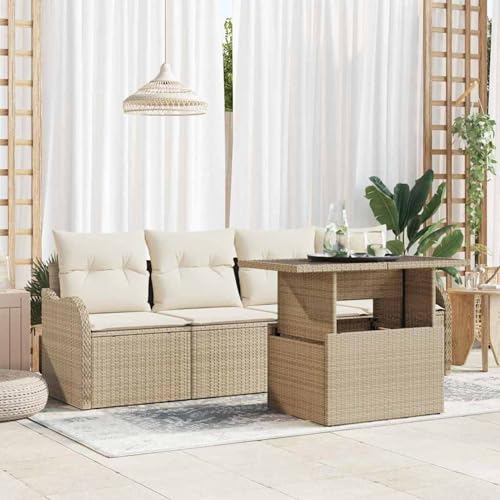 Gecheer 5-teiliges Garten Sofa Set mit Kissen Beige, 2-Sitzer Garten Sofa mit Kissen Beige Poly Rattan, Garten Sitzgruppe Esstisch Essgruppe Gartenmöbel Set für Balkon Terrasse Café-Bereich3348367 von Gecheer