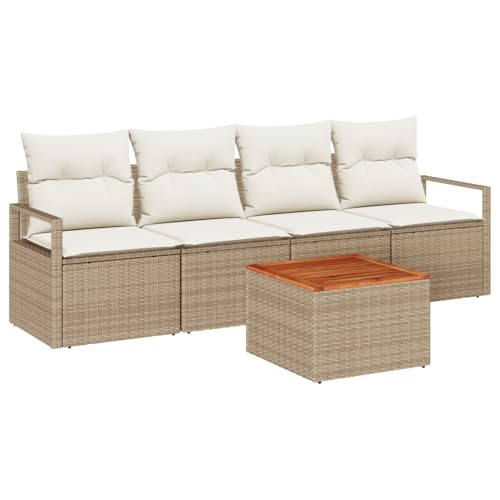 Gecheer 5-teiliges Garten-Sofa Set mit Kissen Beige Poly Rattan Akazienholz von Gecheer