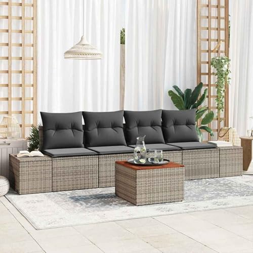 Gecheer 5-teiliges Garten Sofa Set mit Kissen Grau Poly Rattan Akazie, Gartenlounge Esstisch Lounge Möbel Set für Outdoor Garten Terrasse Balkon Möbel3347888 von Gecheer