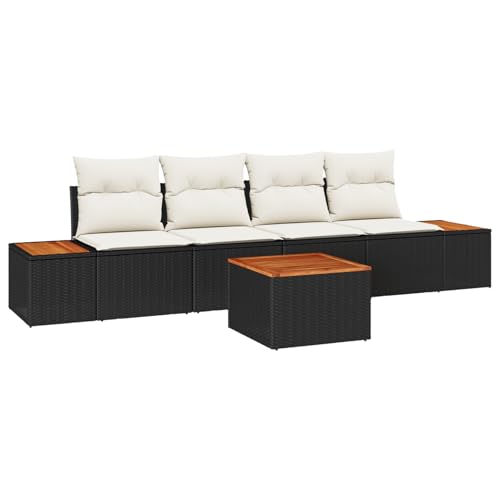 Gecheer 5-teiliges Garten Sofa Set mit Kissen Schwarz Poly Rattan Akazie von Gecheer