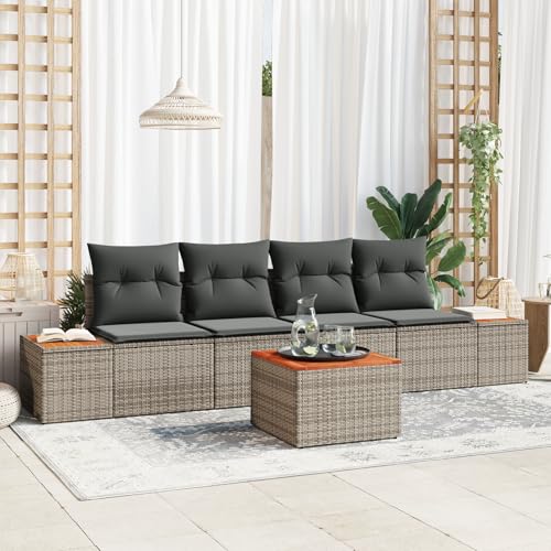 Gecheer 5-teiliges Gartensofa-Set mit Kissen Grau Poly Rattan Akazie Gecheer 5-teiliges Gartensofa-Set mit Kissen Grau Poly Rattan Akazie von Gecheer
