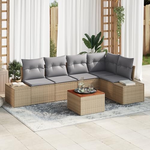 Gecheer 6-TLG. Garten-Sofagarnitur mit Kissen Beige Poly Rattan Akazie Gartenlounge Outdoor Gartensofa Sofa Im Freien von Gecheer