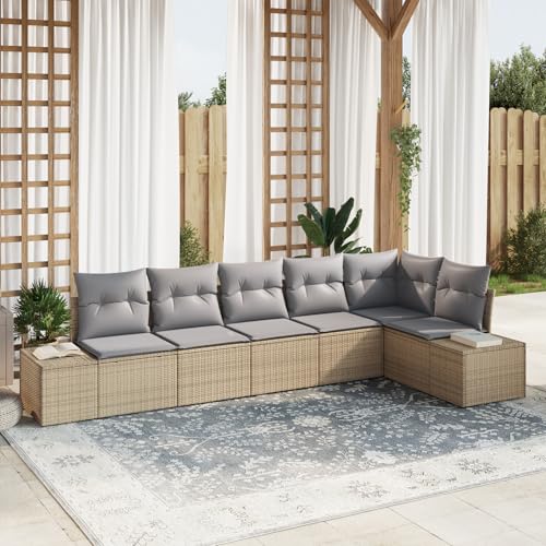 Gecheer 6-TLG. Garten-Sofagarnitur mit Kissen Beige Poly Rattan Gartenlounge Outdoor Gartensofa Sofa Im Freien von Gecheer