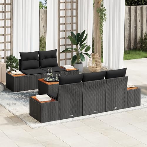 Gecheer 6-Teiliges Garten Sofa Set mit Kissen Schwarz Poly Rattan Akazie von Gecheer