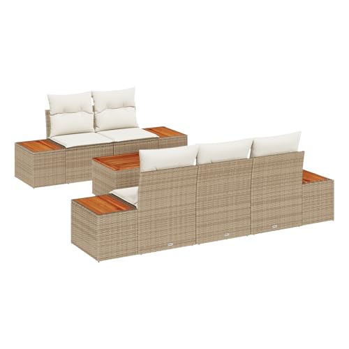 Gecheer 6-teilige Garten Sofa Set mit Kissen Beige Poly Rattan Akazie Gartenmöbel Set von Gecheer