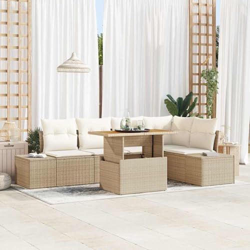 Gecheer 6-teiliges Garten Essgruppe mit Kissen Beige Poly Rattan Akazie, Outdoor Essgruppe Wetterfeste Sitzgruppe Esstisch Stühlen for Terrasse Garten Balkon3349966 Gecheer 6-teiliges Garten Essgruppe mit Kissen Beige Poly Rattan Akazie, Outdoor Essgruppe Wetterfeste Sitzgruppe Esstisch Stühlen for Terrasse Garten Balkon3349966 von Gecheer