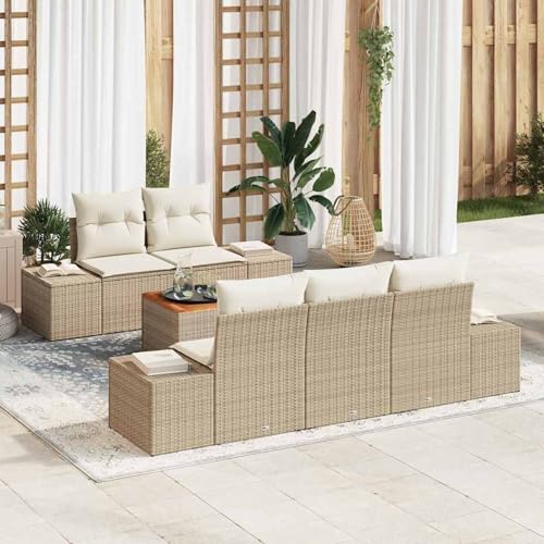 Gecheer 6-teiliges Garten Sofa Set mit Kissen Beige Poly Rattan Akazie, Garten Sitzgruppe Esstisch Essgruppe Gartenmöbel Set für Balkon Terrasse Café-Bereich3347897 von Gecheer