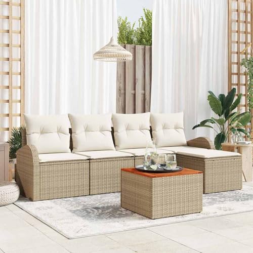 Gecheer 6-teiliges Garten Sofa Set mit Kissen Beige Poly Rattan Akazie, Gartenlounge Esstisch Lounge Möbel Set für Outdoor Garten Terrasse Balkon Möbel3347568 von Gecheer