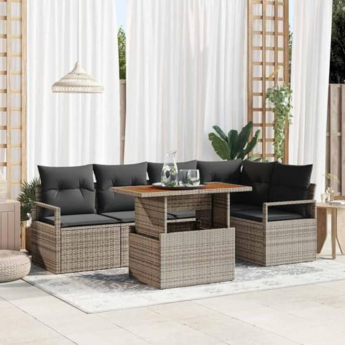 Gecheer 6-teiliges Garten Sofa Set mit Kissen Grau, 2-Sitzer Garten Sofa mit Stauraum & Kissen Grau Poly Rattan, Gartenlounge Esstisch Lounge Möbel Set für Garten Terrasse Balkon Möbel3358449 von Gecheer