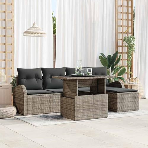 Gecheer 6-teiliges Garten Sofa Set mit Kissen Grau Poly Rattan, Garten Sitzgruppe Esstisch Essgruppe Gartenmöbel Set für Balkon Terrasse Café-Bereich3348625 von Gecheer