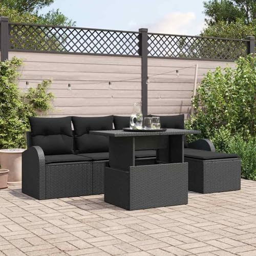 Gecheer 6-teiliges Garten Sofa Set mit Kissen Schwarz Poly Rattan, Garten Sitzgruppe Esstisch Essgruppe Gartenmöbel Set für Balkon Terrasse Café-Bereich3348629 von Gecheer