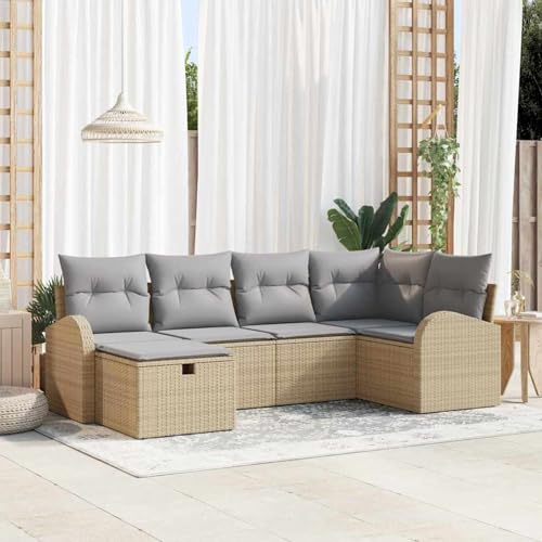 Gecheer 6-teiliges Garten-Sofaset mit Kissen Beige Poly-Rattan, Gartenlounge Esstisch Lounge Möbel Set für Outdoor Garten Terrasse Balkon Möbel von Gecheer